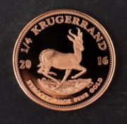 A Quarter Ounce Krugerrand coin, dated 2016, diameter ca. 22mms, weight ca. 8.