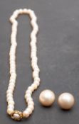 A single-row, cultured pearl necklace and pair of mabe pearl ear studs,
