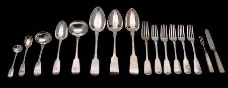 A small group of early 19th century Exeter flatware, Fiddle pattern, to include a table spoon,