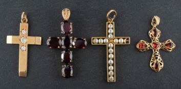 Four cruciform pendants, including a 9ct gold, old-cut diamond pendant,