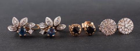 Three pairs of gemset earrings, including a pair of diamond cluster ear studs,