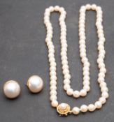 A single-row, cultured pearl necklace and pair of 9ct gold mabe pearl ear studs,