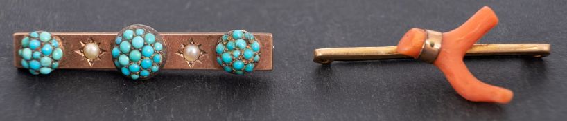 Two bar brooches, including a turquoise and seed pearl bar brooch, and a coral brooch,