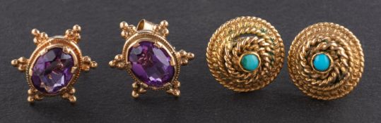 Two pairs of gemset ear studs, including a pair of oval, mixed-cut amethyst ear studs,