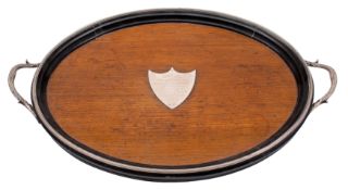 A Victorian silver mounted oval tray marked for Frederick Bausche,