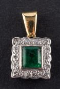 An emerald-cut emerald and single-cut diamond pendant, estimated emerald weight ca. 0.