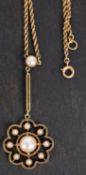 A mabe and seed pearl necklace, stamped '15CT', length of pendant ca. 5cm, total length ca. 47.