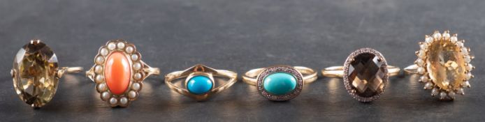 Six 9ct gold, gemset rings,