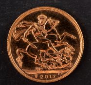 An Elizabeth II gold sovereign coin, dated 2017, diameter ca. 22mms, total weight ca.