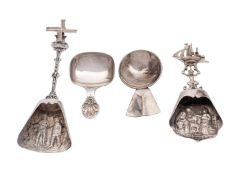 Four 20th century caddy spoons, one with anthemion design handle Cooper Brothers and Son,