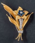 A 1960's 18ct gold, round, mixed-cut sapphire and single-cut diamond spray brooch,