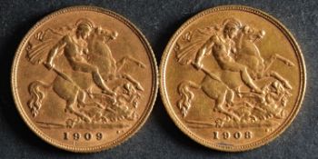 Two Edwardian half sovereign coins, dated 1908 and 1909.