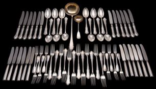 A canteen of German silver flatware, 800 standard, twelve soup/ table spoons, twelve table forks,