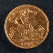 A George V gold half sovereign coin, dated 1913, diameter ca. 19mms, total weight ca. 4gms.