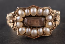 A 19th century, hairwork and seed pearl cluster ring, length of ring head ca. 1.