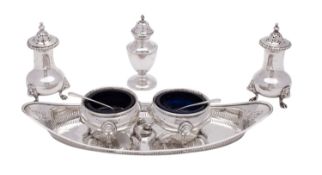 A pair of Victorian silver salts, London 1900, in the Georgian style with blue glass liners,