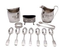 A George III silver swing handled sugar and milk jug, maker probably Peter and William Bateman,