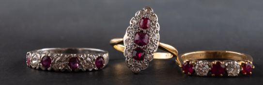 Three ruby and diamond rings, including an 18ct gold half-eternity ring,