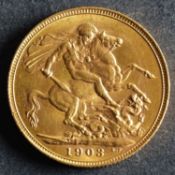 A 1903 Edwardian Gold Sovereign.