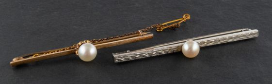 Two probably cultured, pearl bar brooches,