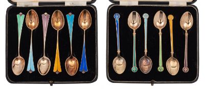 A cased set of six silver Norwegian gilt and enamel coffee spoons, stamped David Andersen-Norway,