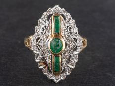 A calibre and cabochon-cut emerald and single-cut diamond ring, of navette design,