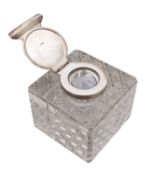 A George V silver and glass inkwell, made and retailed by Finnigans Manchester, 1912,