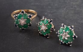 An 18ct gold, emerald, sapphire and diamond ring and a matching pair of ear studs,