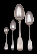 Four Scottish silver spoons, a Fiddle pattern serving spoon maker R&S A B D, Edinburgh 1836,