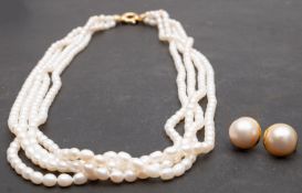 A graduated, four-row, freshwater, cultured pearl necklace and pair of mabe pearl ear studs,