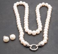 A single-row, cultured pearl necklace and pair of cultured button pearl ear studs,