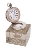 An Edward VII silver and glass watch stand inkwell, maker Joseph Gloster Ltd, Birmingham 1909,