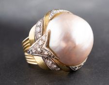 A mabe pearl and round, brilliant-cut diamond cocktail ring,