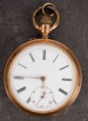 An 18ct gold open-faced pocket watch the white enamel dial with black Roman numerals,