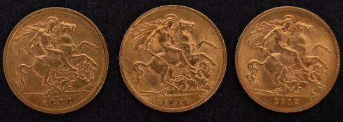 Three gold half sovereign coins,