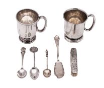 A small group of silver to include;- a silver christening mug, maker Viner Ltd, Sheffield, 1947,