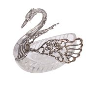 A Dutch silver and glass swan dressing table dish, London import marks 1964, E Ltd, 12.