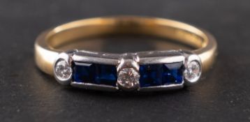An 18ct gold, square, step-cut sapphire and round, brilliant-cut diamond ring,