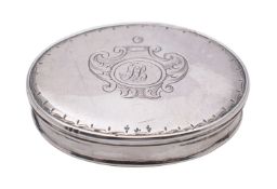 A George I silver pocket snuff box, Edmund Holliday, London, 1723, of oval form,