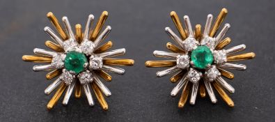 A pair of 1980's 18ct gold, round, mixed-cut emerald and round, brilliant-cut diamond ear studs,