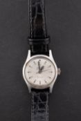 Omega a stainless-steel lady's wristwatch the round dial having raised baton numerals,