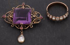 Two items of pearl jewellery, including an amethyst, mabe pearl and possibly ruby brooch, length ca.