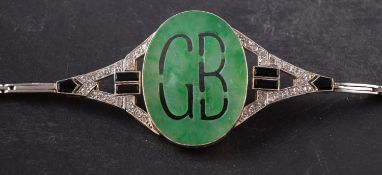 An Art Deco, jade, onyx and single-cut diamond bracelet,