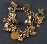A 9ct gold, flattened, curb-link charm bracelet with heart-shaped clasp, with various charms,