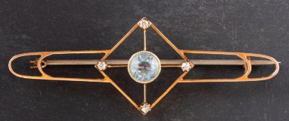 A round, mixed-cut aquamarine and single-cut diamond, openwork brooch,