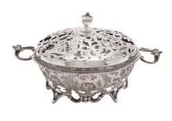 A George V silver and glass lided preserve dish and cover, maker Williams Ltd, Birmingham 1911,