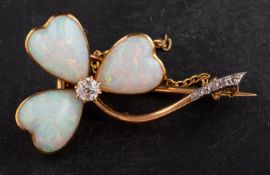 An early 20th century, cabochon-cut opal and old and single-cut diamond brooch,