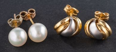 Two pairs of ear studs, including a pair of bicolour 18ct gold knot ear studs,