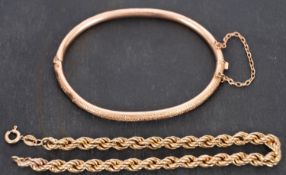 A 9ct gold ropetwist bracelet and a bangle, the bangle stamped '9CT', length of bracelet ca.