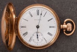 Waltham a 9ct gold hunter pocket watch the dial with black Roman numerals, blued-steel spade hands,